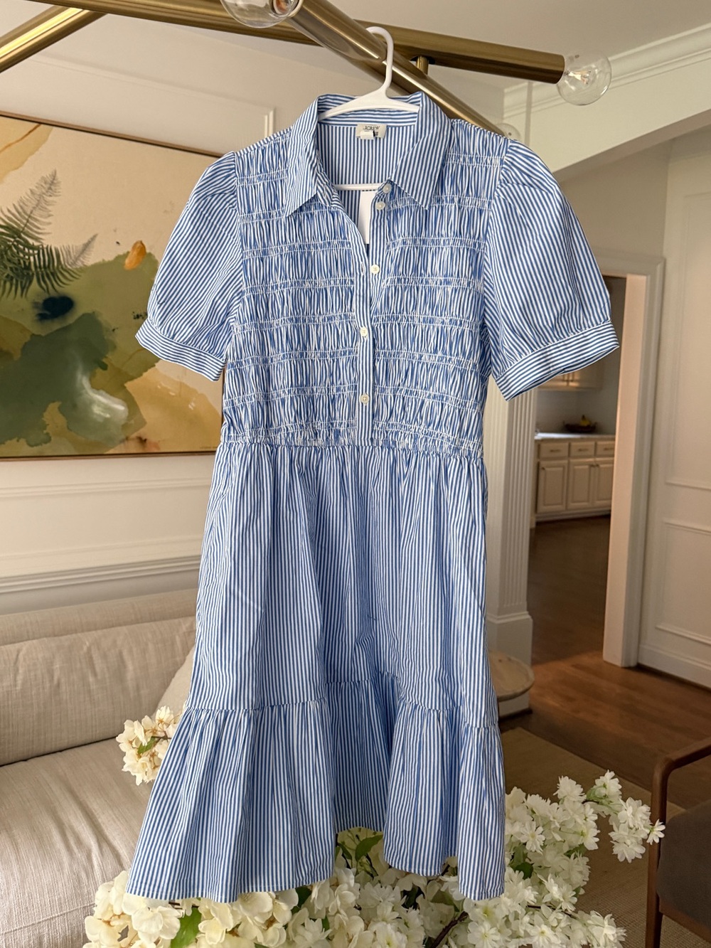 NWT J. Crew Factory Light Blue & White Striped Shirred Dress